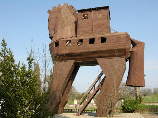 Troy, Turkey: Tourists enjoy a mock Trojan Horse