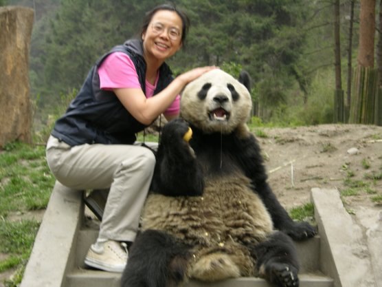 happy travel professional with panda