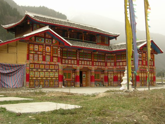 Tibetan-style house with prayer flags