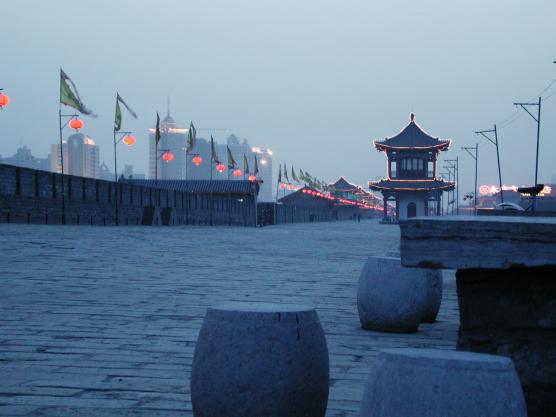 Xi'an, China: City Wall and Watchtowers at Nightfall